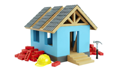 House construction in progress with building materials