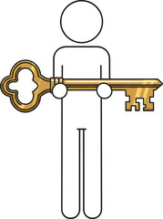Access and Authorization Concept Illustration Featuring Human Figure Holding Golden Key, Security Permission, Privacy Control and User Rights Symbol for Business and Technology Design Vector