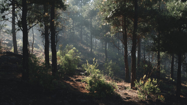 Forest fire aftermath regrowth pattern misty conifer forest morning light woodland burned ground recovery evergreen tree slope soft sunbeam haze serene atmosphere lingers over quiet hill forest