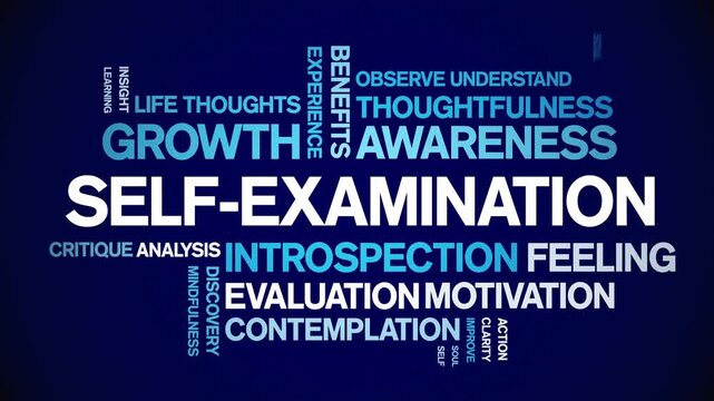 Self-Examination animated word cloud-text design animation tag kinetic typography seamless loop.