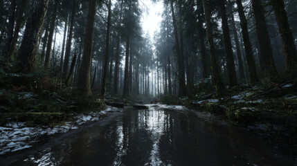 Dark forest river winter woodland misty tree reflection cold nature creek tranquil water algorithmic mood dim light serene foggy landscape with snow detail