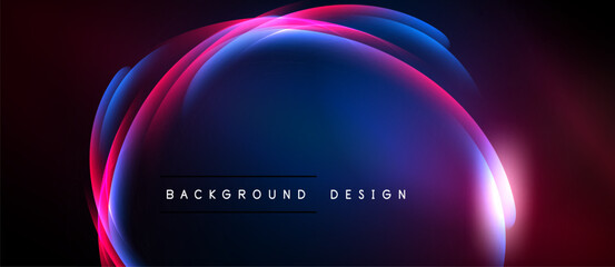 Abstract glowing layers create dynamic visual effect. Dark background emphasizes vibrant colors, modern design elements.