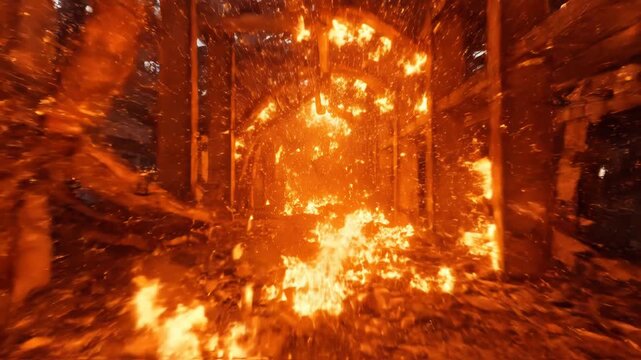 A vivid, apocalyptic inferno ignites and consumes an abstract framework, creating an overwhelming spectacle of intense heat and destruction, symbolizing the relentless power of chaos