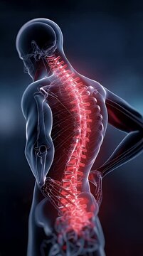 Human Figure Holding Lower Back with Glowing Spine X-Ray Style Medical Concept