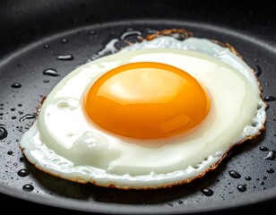 Sunny-side up egg frying in a pan, showcasing the bright yellow yolk and cooked white with oil droplets around it