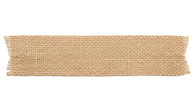 Blank hessian tape strip mockup coarse burlap texture horizontal layout loose weave isolated on white background 