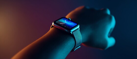 Stylish smartwatch on a hand, glowing background