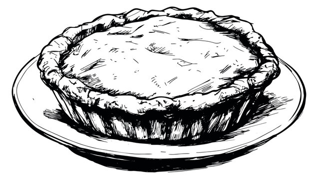 Hand drawn line art illustration of a pie depicting a classic baked dessert on a plate for food and bakery designs