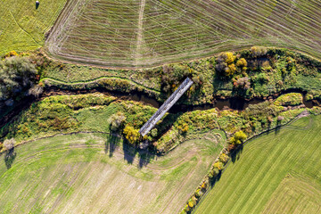 Aerial view of bridge to nowhere. An old bridge in Latvia never getting ready. Sati, Latvia