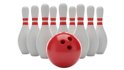 3D illustration of a ten pin bowling ball and red skittles isolated on a white background as professional sports equipment for a fun leisure activity competition game