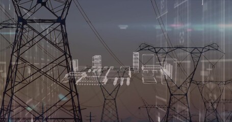Animation of data processing and metaverse city over electricity poles - Powered by Adobe