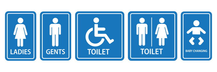 Washroom signs. Restroom or toilet door sign set gents, ladies, disabled, baby changing. WC sign. Female or male restroom. WC door plate symbol. Printable sticker. Vector illustration