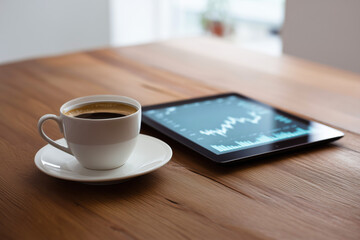 Lifestyle Moment with Coffee and Tablet Displaying Investment Data