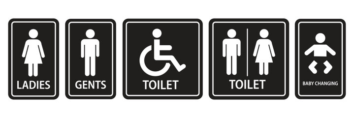 Toilet icon. WC sign. Printable sticker of toilet symbol sign with woman wc man handicapped baby icons. Restroom bathroom and change room sign. WC door plate symbol. Girls and boys restrooms sign