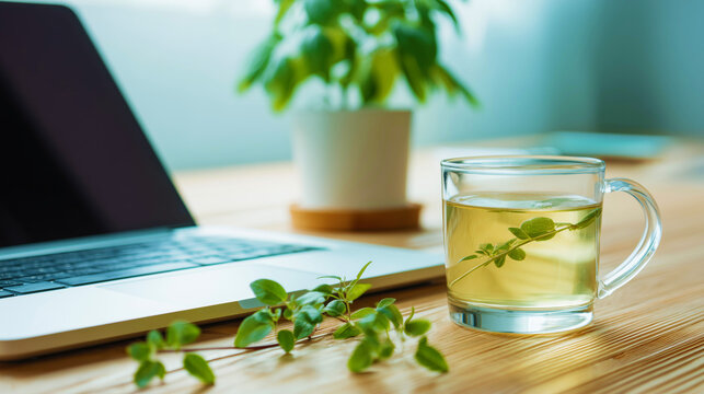 Serene Workspace with Herbal Tea and Laptop for Healthy Life Balance - Powered by Adobe