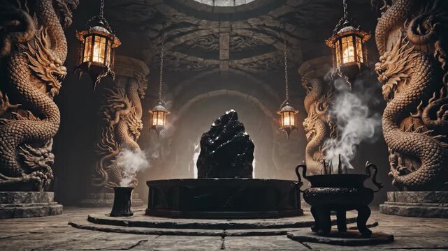 Ornate dragon statues and lanterns in a dimly lit chamber