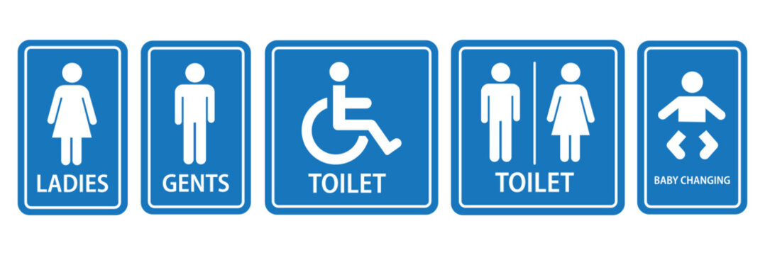 Washroom signs. Restroom or toilet door sign set gents, ladies, disabled, baby changing. WC sign. Female or male restroom. WC door plate symbol. Printable sticker. Vector illustration