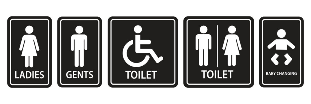 Toilet icon. WC sign. Printable sticker of toilet symbol sign with woman wc man handicapped baby icons. Restroom bathroom and change room sign. WC door plate symbol. Girls and boys restrooms sign