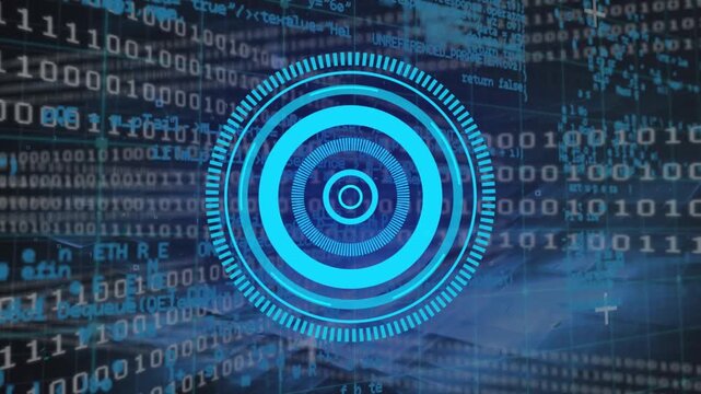Animation of processing circle over binary code and data processing on black background