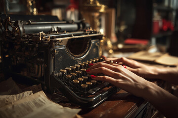 Female hands with red nails typing a creative story on an old vintage typewriter
