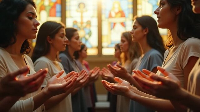 A group of women praying together in a church with hands open in worship. A congregation expressing faith and devotion. Spirituality and community concept