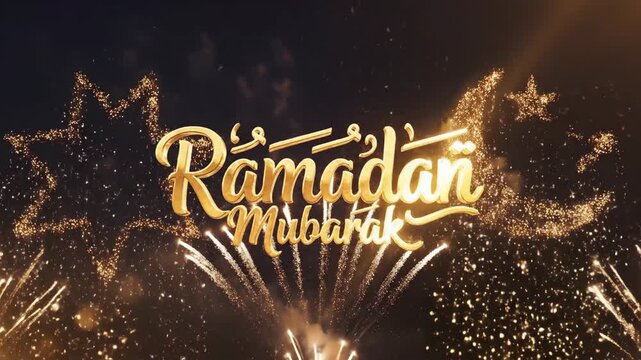 Golden Ramadan Mubarak Text With Firework Celebration And Sparkles On Dark Background