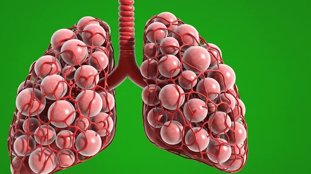 Human lungs with numerous cysts or tumors on a green background.
