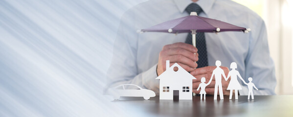 Concept of family, home and car protection; panoramic banner