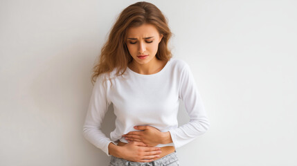 Woman Bending Forward, Hands on Belly, Expressing Discomfort