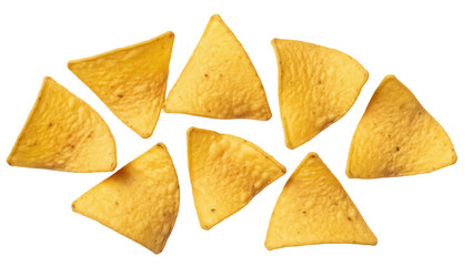 Pile of golden tortilla chips isolated PNG, crunchy snack food for parties and appetizers on transparent background