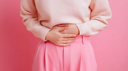 Woman in Casual Clothes Holding Abdomen with Menstrual Pain