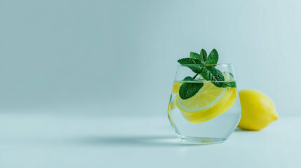 Refreshing Glass of Lemon Mint Water on Minimalist Background