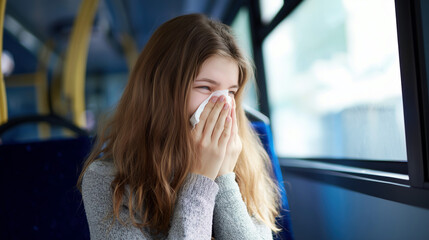 Young Woman Sneezing on Public Bus Promoting Health Awareness