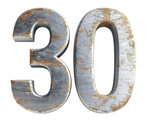 Number 30 features a brushed metal surface with an industrial texture. It stands out with a transparent background suitable for various design uses and applications