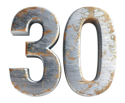 Number 30 features a brushed metal surface with an industrial texture. It stands out with a transparent background suitable for various design uses and applications - Powered by Adobe