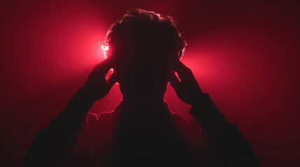Man Touching Temples with Glowing Red Light in Painful Expression