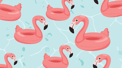 Obraz premium Playful seamless pattern of pink flamingo pool floats drifting in clear blue water for summer vacation and leisure related designs.