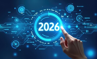 Obraz premium Human pressing high tech type of modern button 2026 year on a virtual background. 
