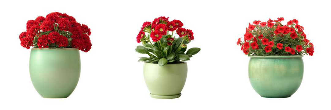 Set of  geranium flowers with vibrant red petals and green leaves on transparent png background. Ai generated