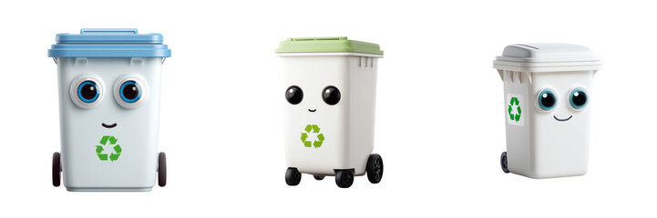 Set of A colorful recycling bin with a smiling face symbol of environmental car on transparent png background. Ai generated