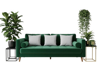 Modern green sofa with white pillows isolated on transparent background