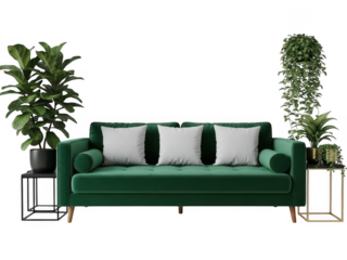 Modern green sofa with white pillows isolated on transparent background