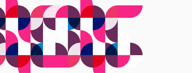 Fototapeta premium Abstract geometric pattern. Circles overlap creating text like form. Pink, purple, red hues dominate white background. Modern design.
