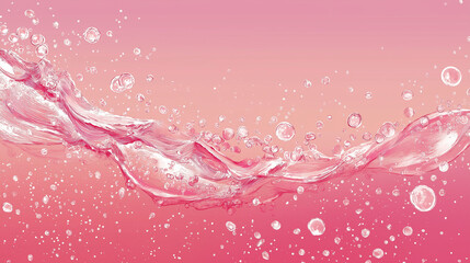 化粧水や美容液イメージ　透明感のあるピンクの水面とダイナミックな水しぶきのテクスチャ背景