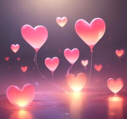 Floating hearts with soft glow, gentle motion blur, dreamy romantic atmosphere