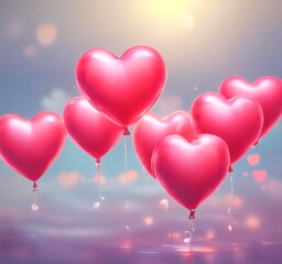 Floating hearts with soft glow, gentle motion blur, dreamy romantic atmosphere