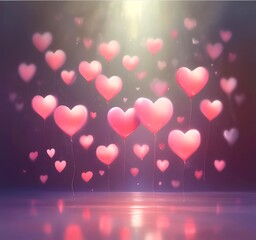Floating hearts with soft glow, gentle motion blur, dreamy romantic atmosphere