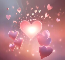 Floating hearts with soft glow, gentle motion blur, dreamy romantic atmosphere
