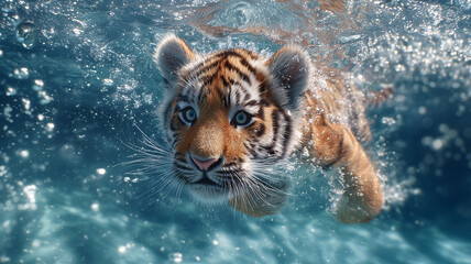 Tiger swimming underwater showing strength and power
