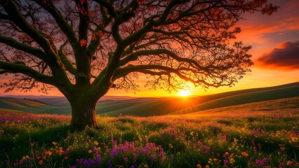 Majestic Tree In Wildflower Meadow At Golden Sunset
